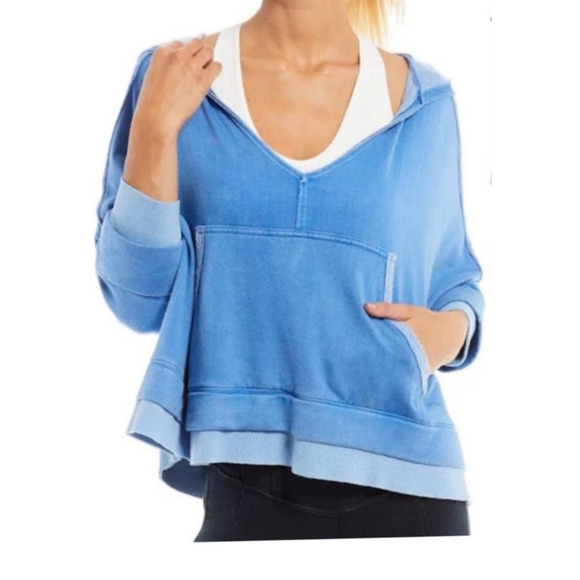 FP Movement Blue XS Layered Hem Hoodie  V-Neck Oversized Cropped Sweatshirt0 - Picture 2 of 10